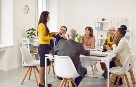 Diverse business team having a work meeting in a modern office.